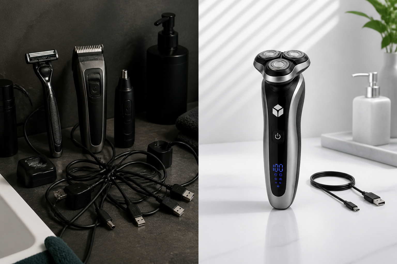 Cluttered counter of separate grooming tools on the left versus a single shaver, cable and dock on the right